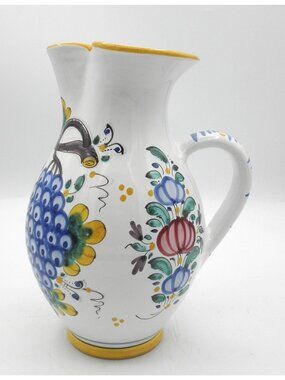 Redware Tuscan  Pottery Pitcher 8 In. Hand Painted Red Purple Grapes Yellow Rim